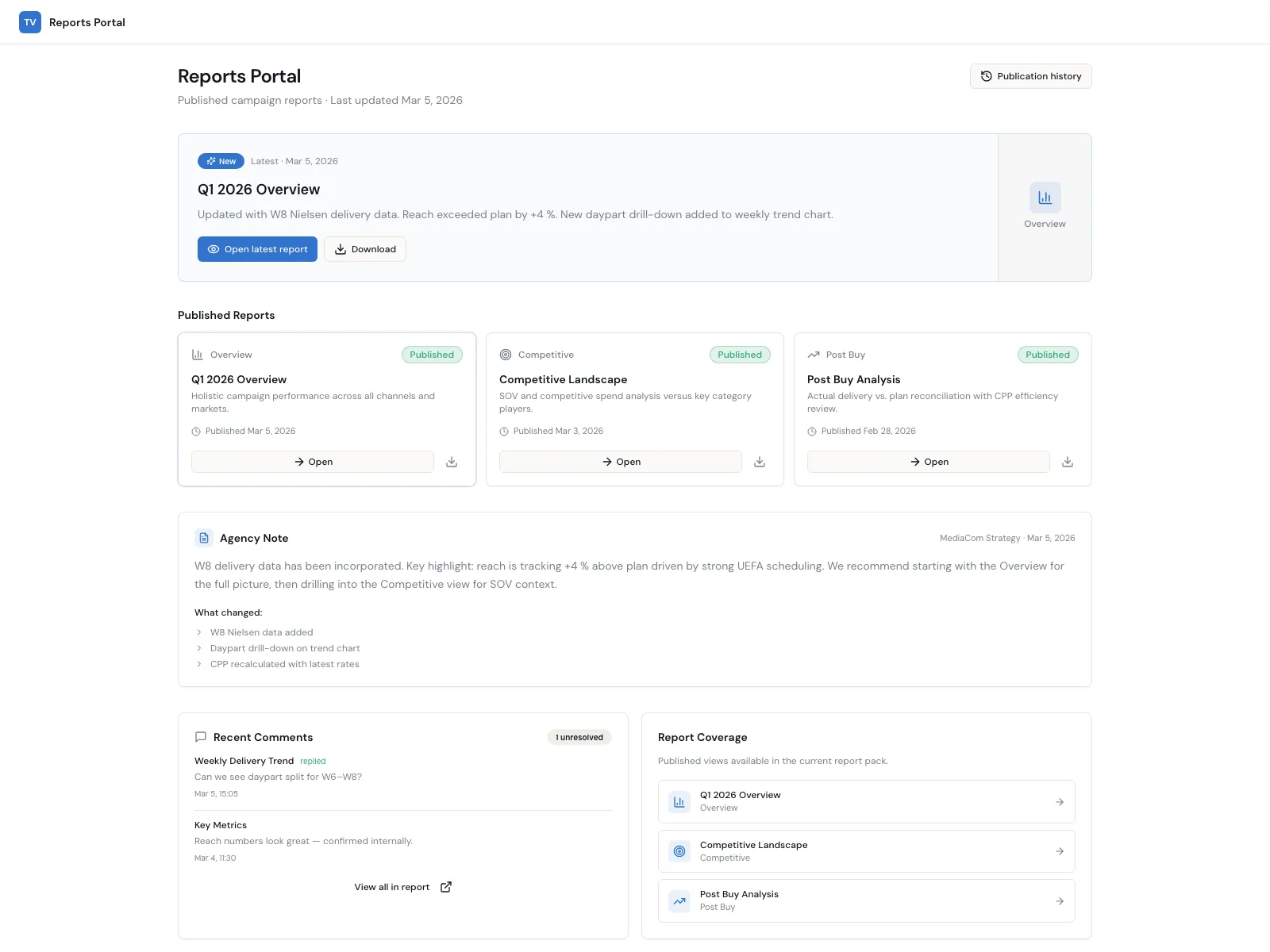 TV Planner client portal with published campaign reports, versions and agency notes
